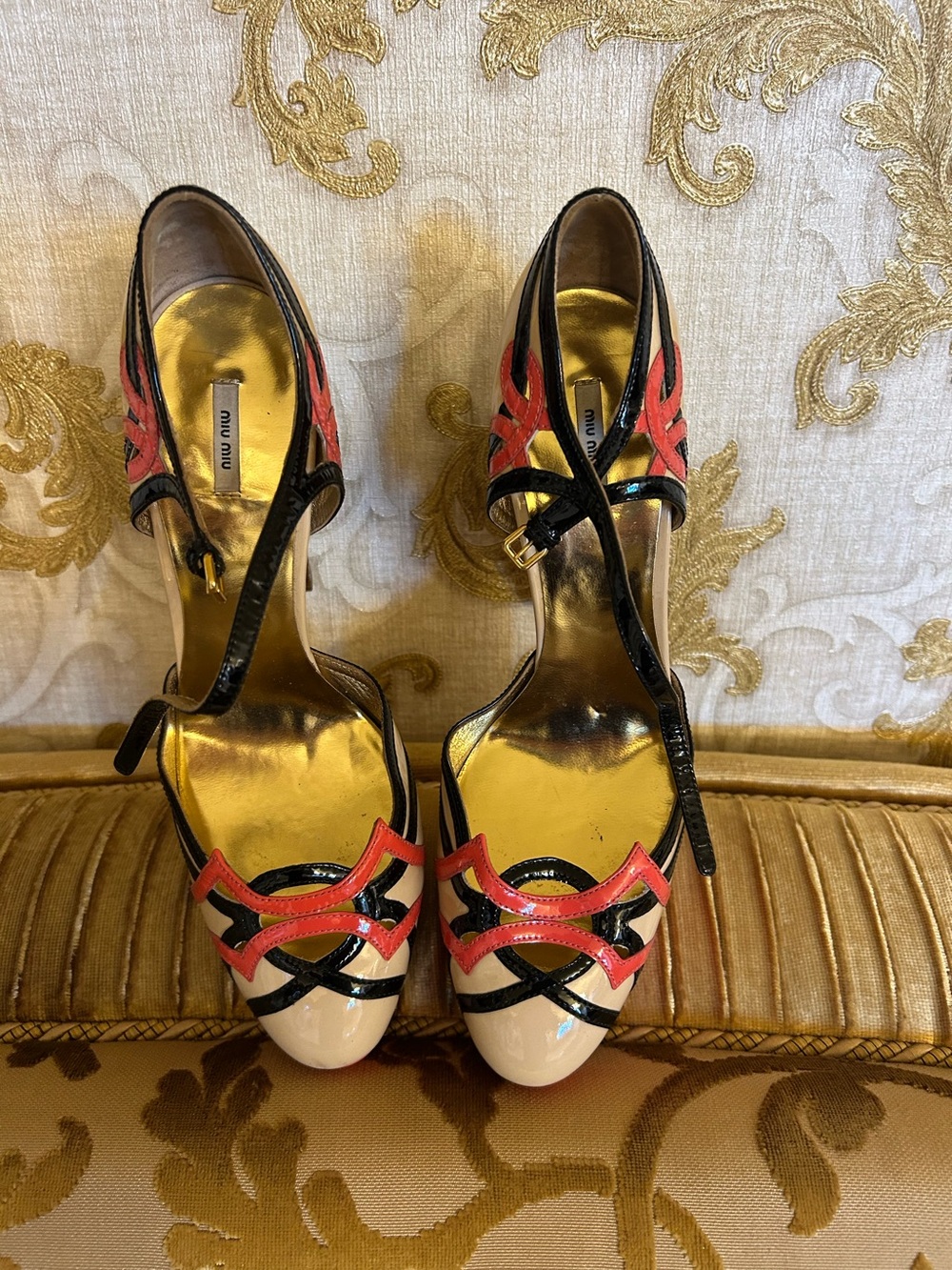 Miu Miu Tricolor Patent Leather T-Strap Heels in Red, Black & Cream